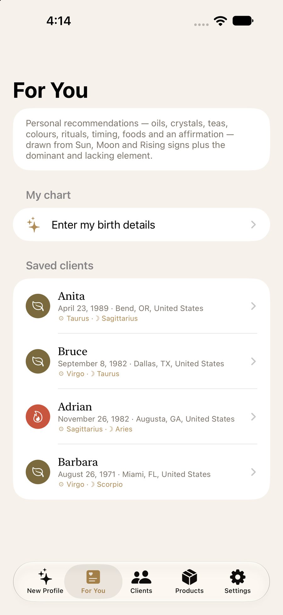 Saved clients. Birth place, signs, and the people already on the book.