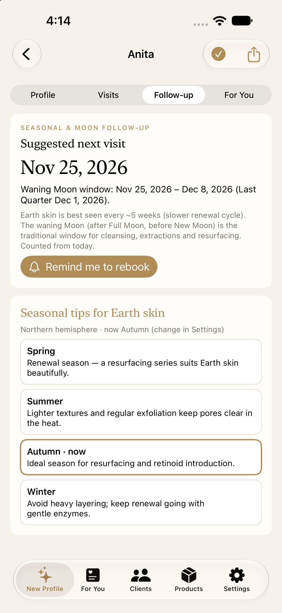 Follow-up. A suggested return date, and a reminder to rebook.