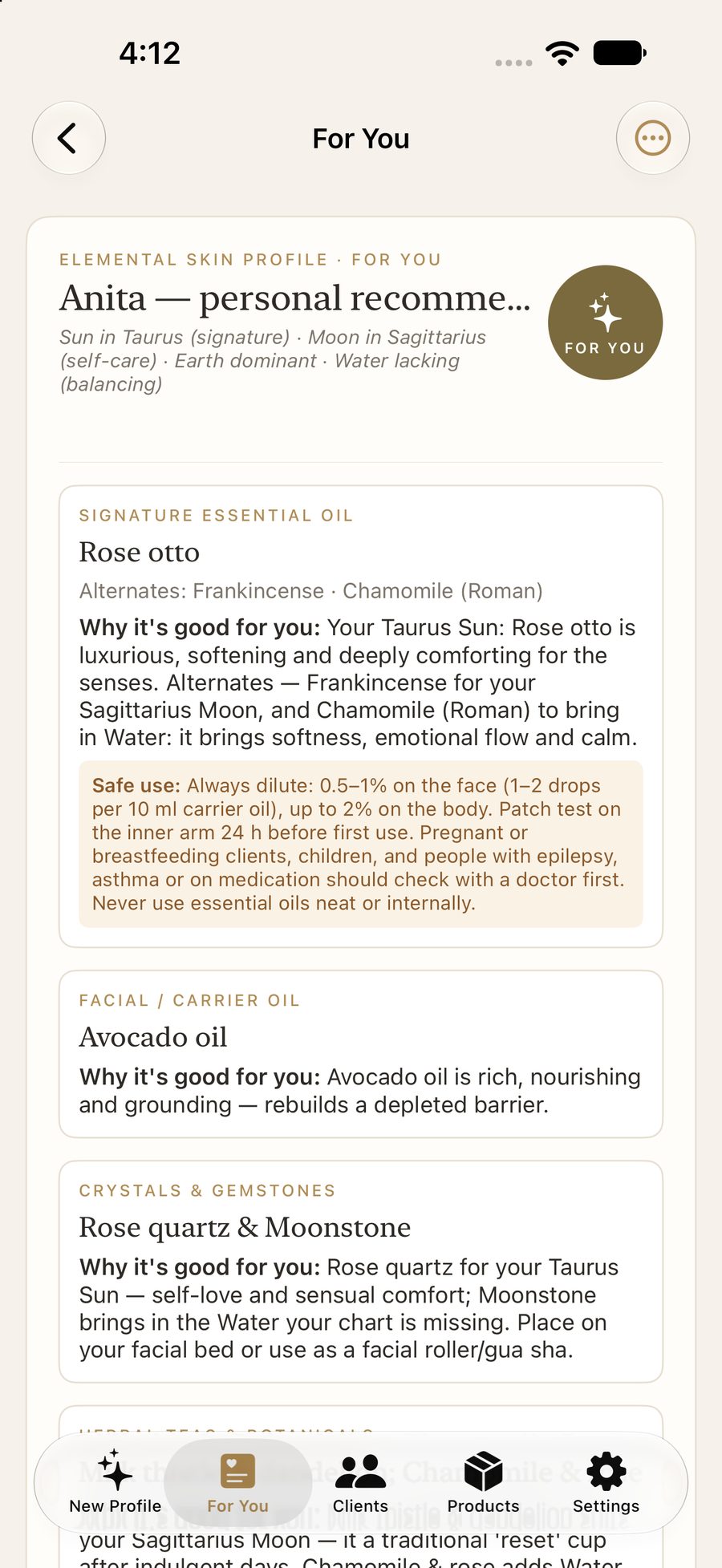 For You. Oils, crystals, and why each one fits this chart.