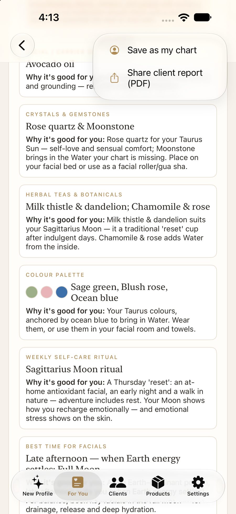Share the visit. Save the chart, or send a client report as a PDF.