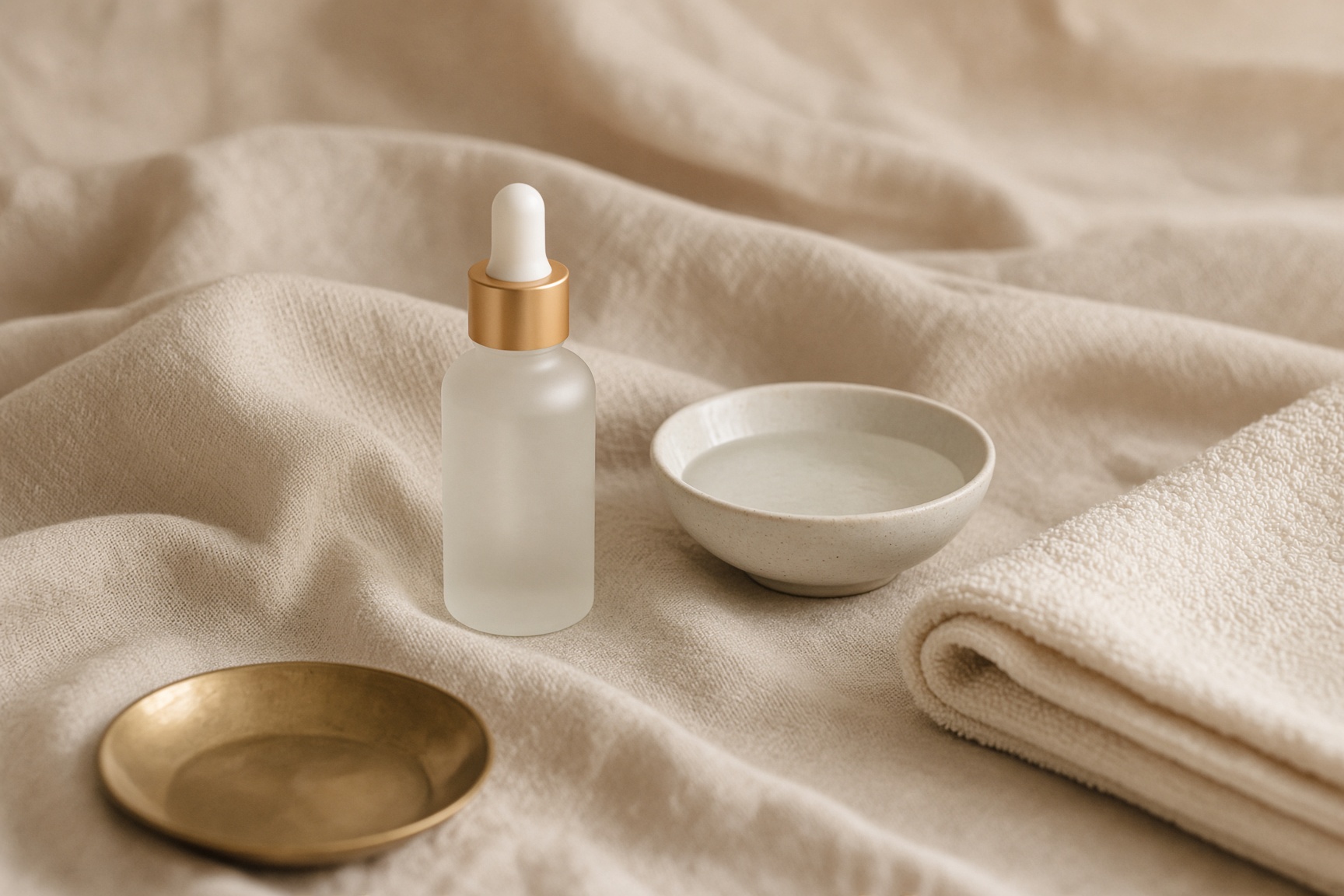 A dropper bottle, ceramic bowl, and linen towel in warm light